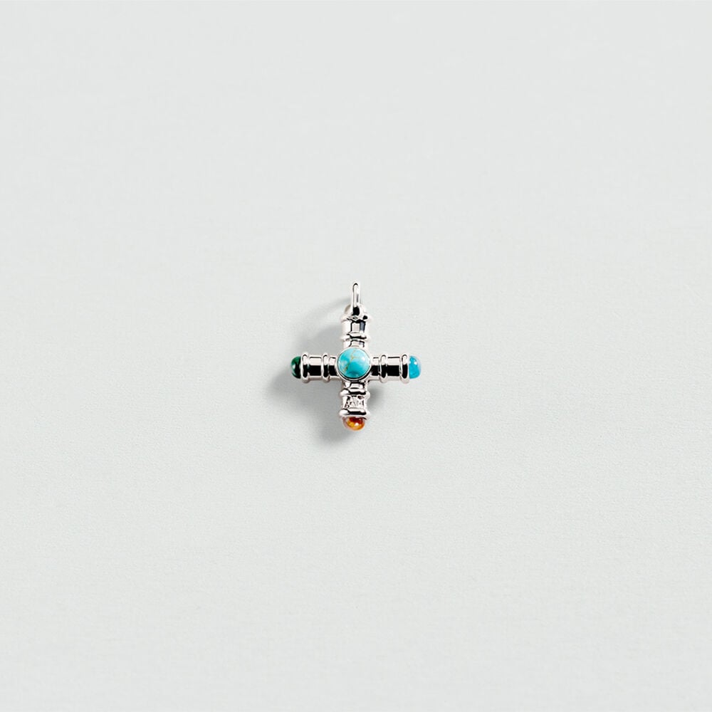 Pendentif CROIX PIERRES NATURELLES - Multicolore / Argenté - 1