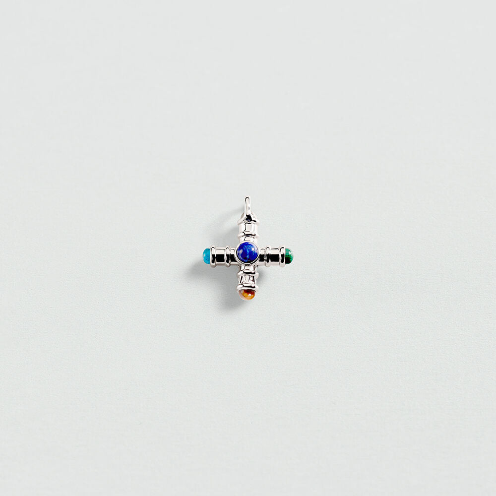 Pendentif CROIX PIERRES NATURELLES - Multicolore / Argenté - 2